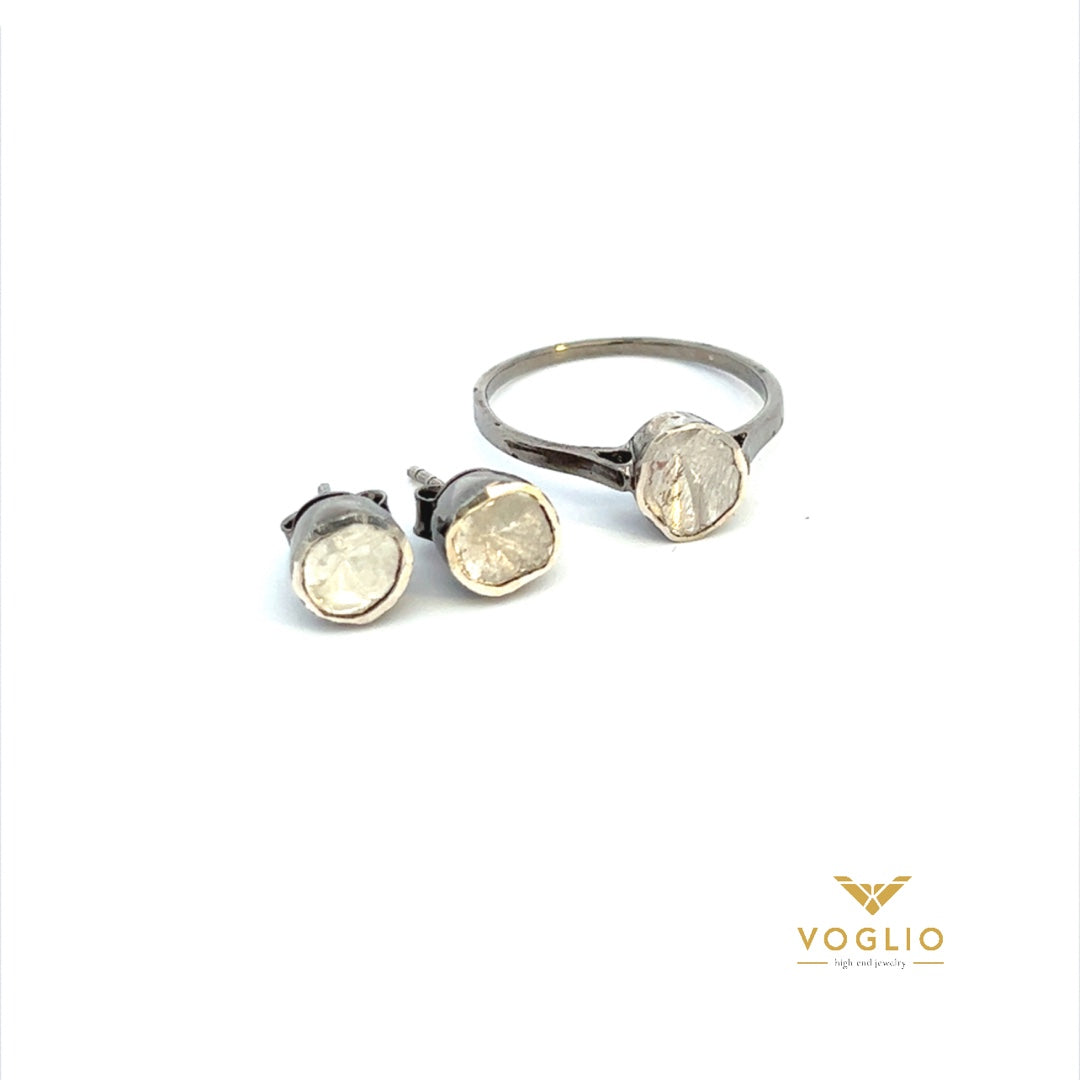Rough Diamond Ring & Earrings Set - Silver